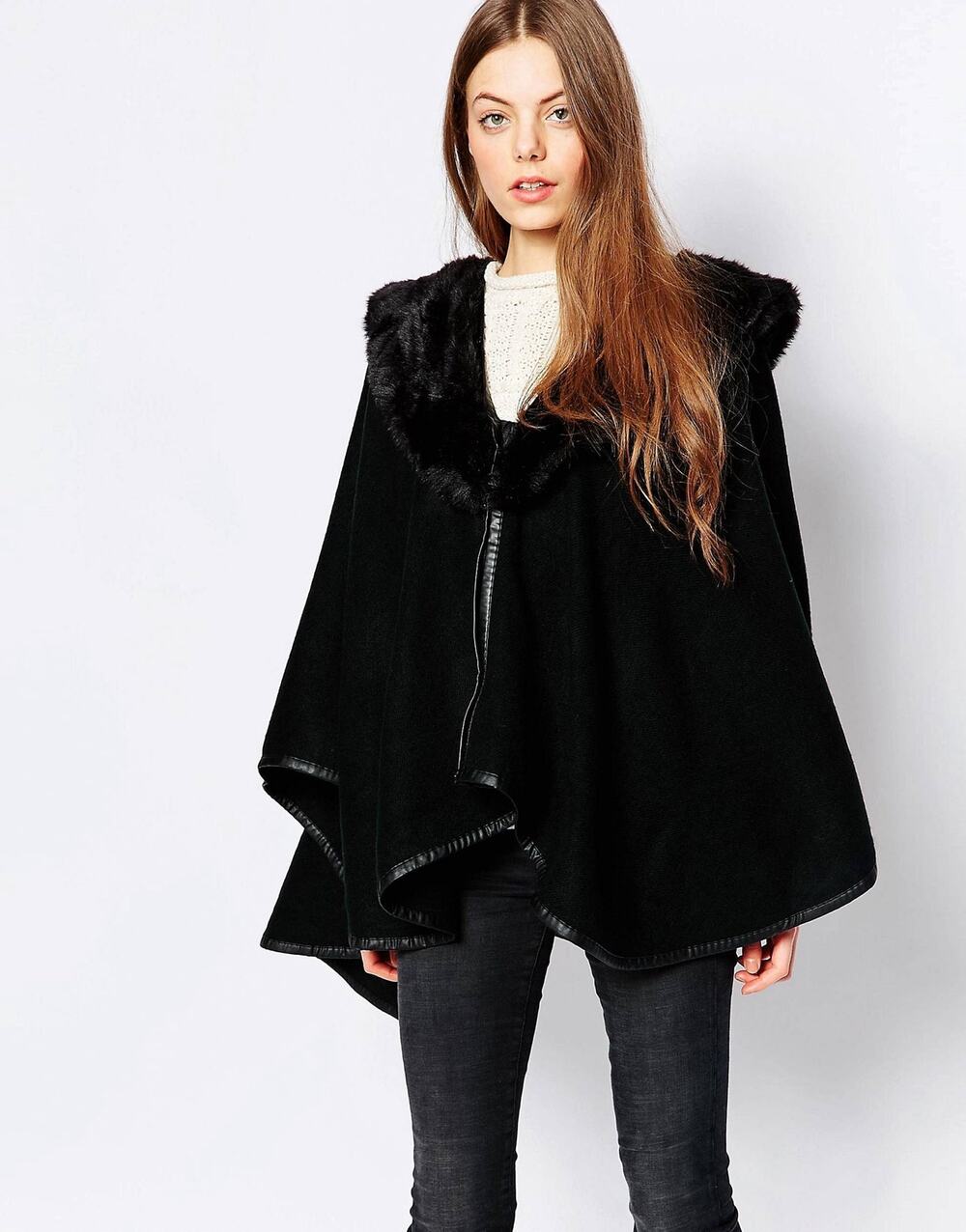 Pia Rossini Poncho Cape Women OS Black Faux Fur Cozy Winter Layering Old Money